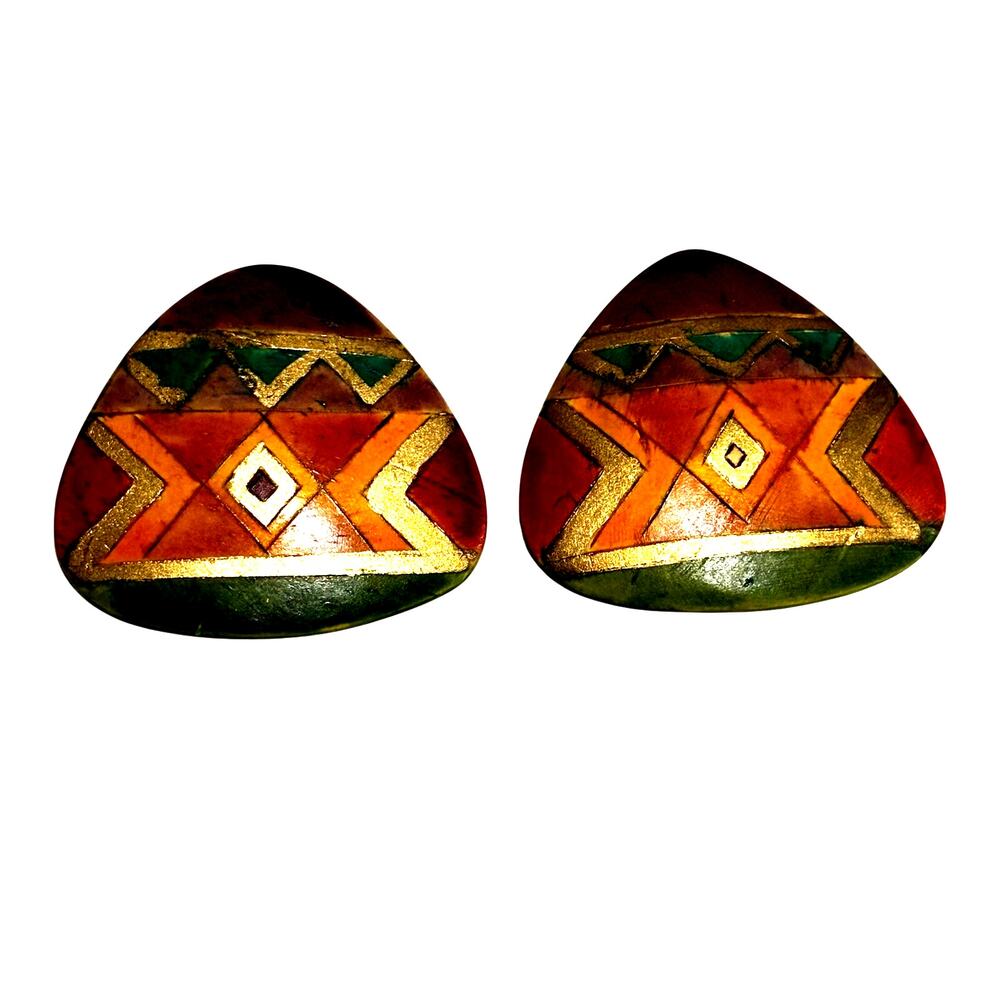 Vintage pierced earrings hand painted wood domed southwestern motif geometric